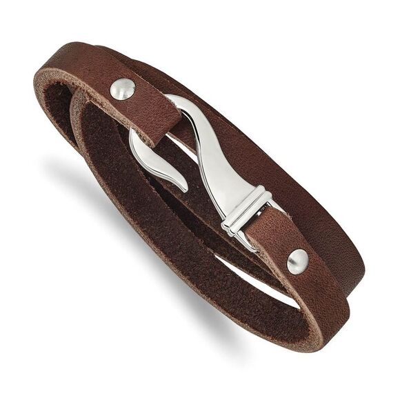 7mm Stainless Steel & Brown Leather Wrap Bracelet 24 Inch